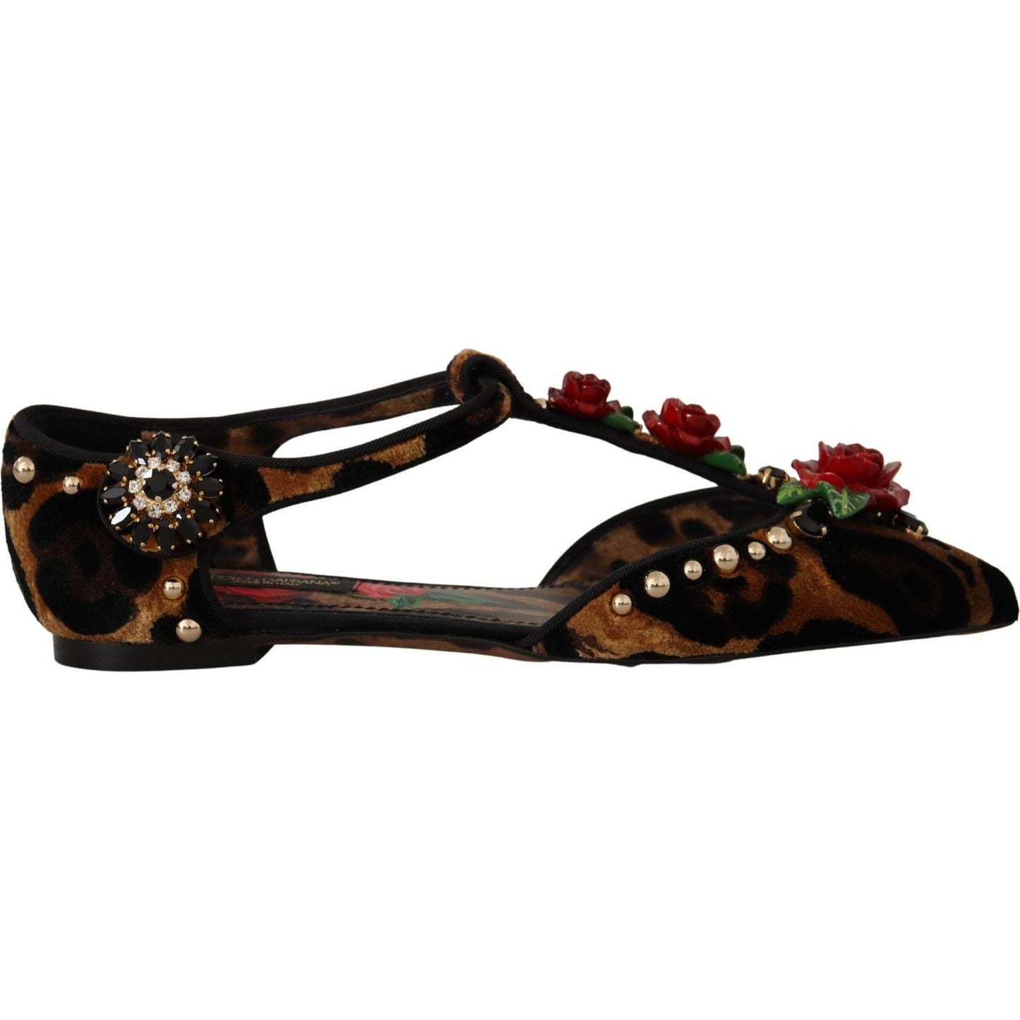 Dolce & Gabbana Floral Embellished Leopard T-Strap Sandals 1728,67345645728,Brown,Dolce & Gabbana,EU35/US4.5,Flat Shoes - Women - Shoes,Material: 100% Leather,New with tags,Women Dolce & Gabbana LA9956 - 35