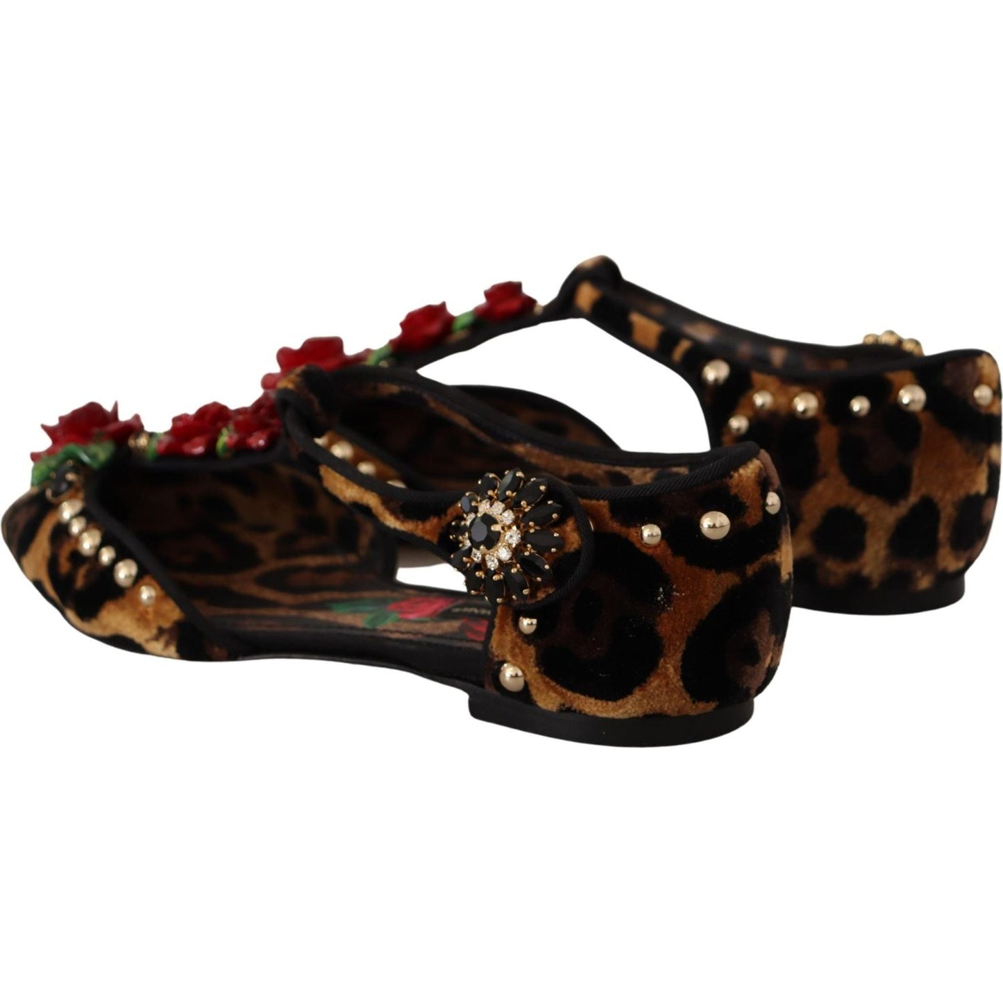 Dolce & Gabbana Floral Embellished Leopard T-Strap Sandals 1728,67345645728,Brown,Dolce & Gabbana,EU35/US4.5,Flat Shoes - Women - Shoes,Material: 100% Leather,New with tags,Women Dolce & Gabbana LA9956 - 35