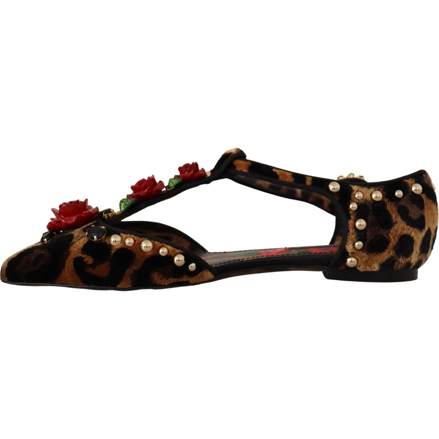 Dolce & Gabbana Floral Embellished Leopard T-Strap Sandals 1728,67345645728,Brown,Dolce & Gabbana,EU35/US4.5,Flat Shoes - Women - Shoes,Material: 100% Leather,New with tags,Women Dolce & Gabbana LA9956 - 35
