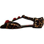 Dolce & Gabbana Floral Embellished Leopard T-Strap Sandals 1728,67345645728,Brown,Dolce & Gabbana,EU35/US4.5,Flat Shoes - Women - Shoes,Material: 100% Leather,New with tags,Women Dolce & Gabbana LA9956 - 35