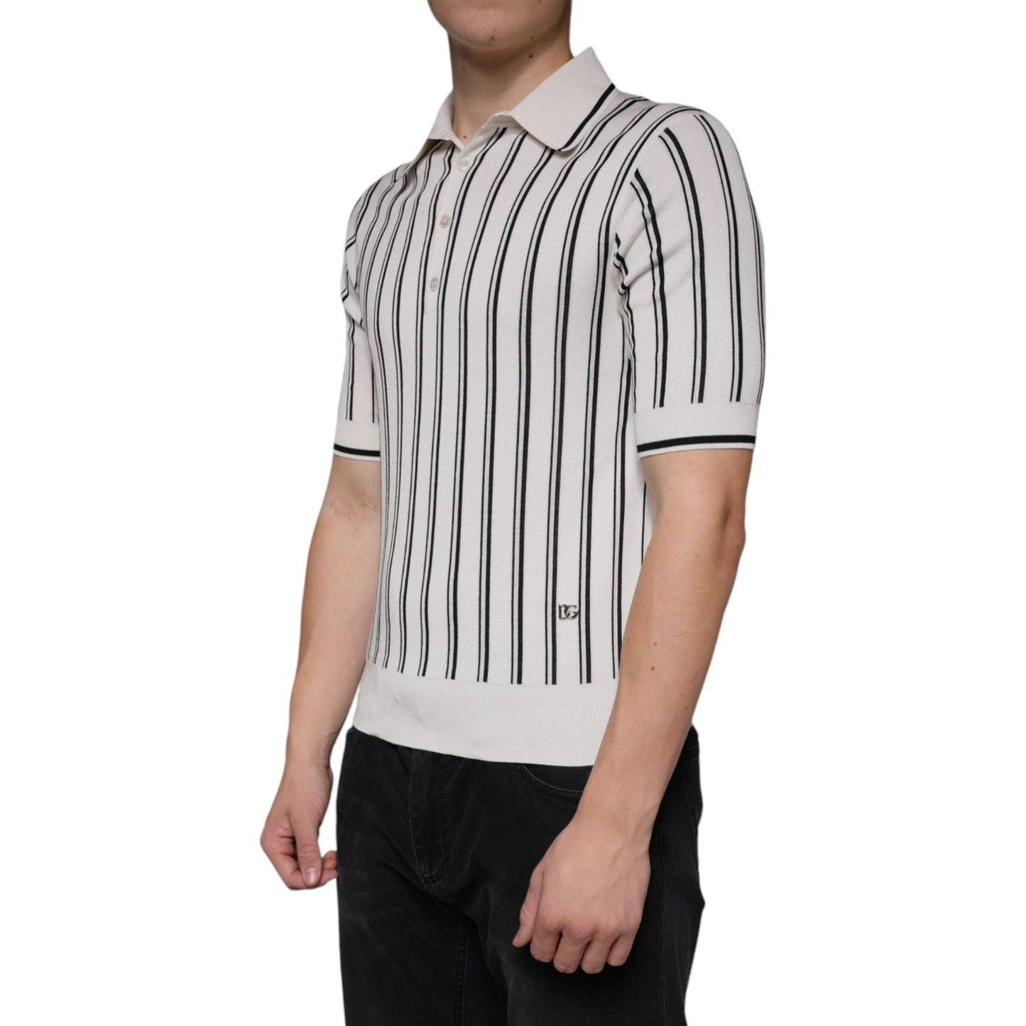 Dolce & Gabbana White Black Stripe Polo Short Sleeve T-shirt TSH86277-44