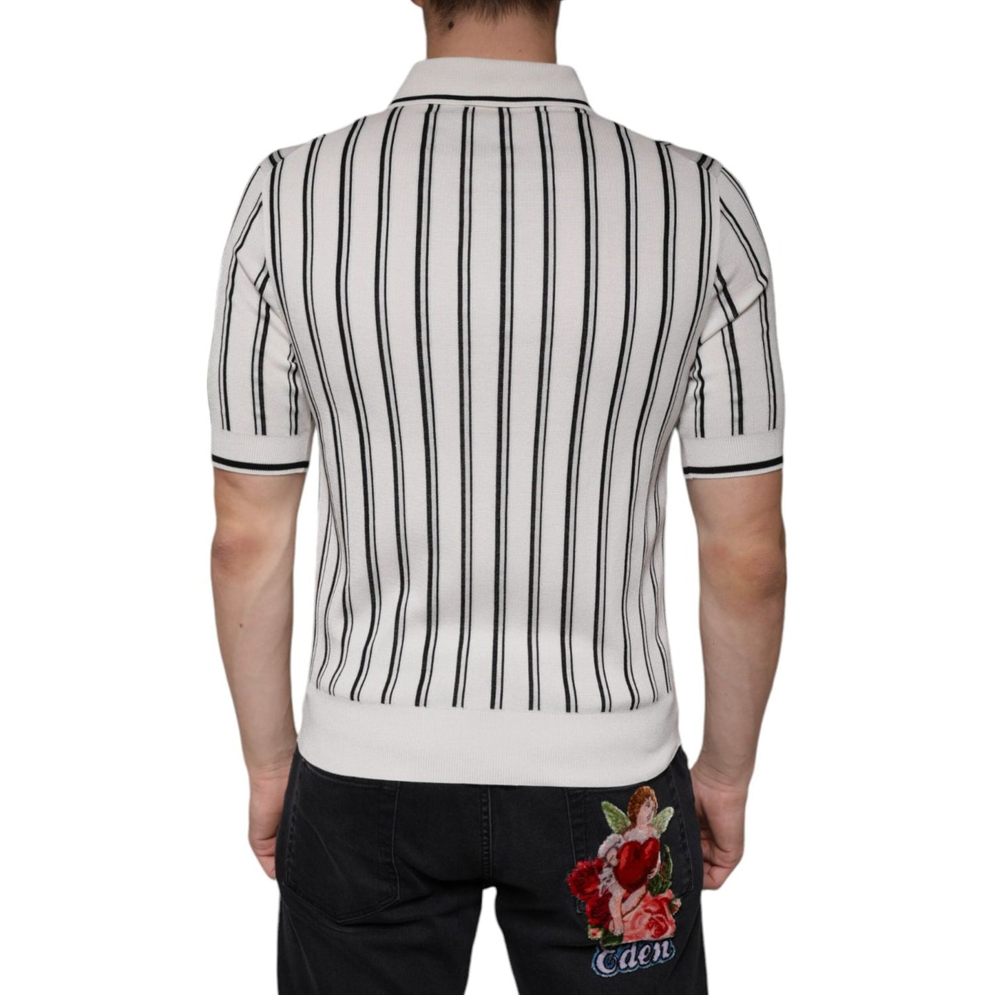 Dolce & Gabbana White Black Stripe Polo Short Sleeve T-shirt TSH86277-44