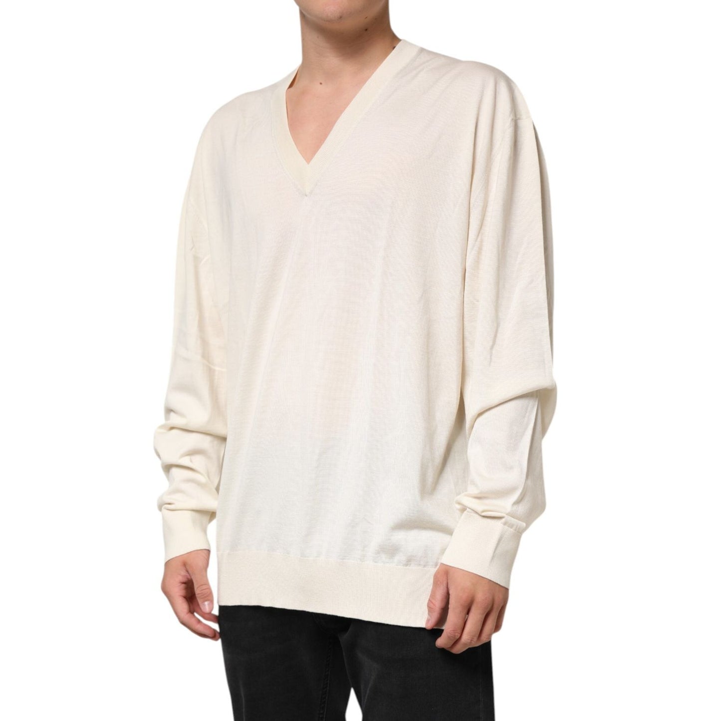 Dolce & Gabbana Ivory Virgin Wool Men V-Neck Knit Sweater TSH90550-60