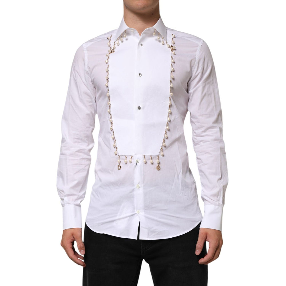Dolce & Gabbana White Cotton DG Logo Pearl Chain Formal Shirt TSH90812-39