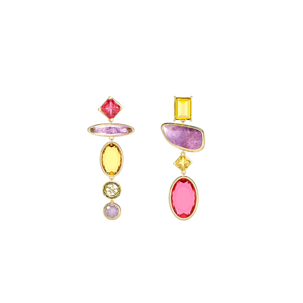 Colorful earrings from GUESS JEWELS JEWELRY Mod. JUBE05088JWYGMCT-U with pink, yellow, and purple stones.