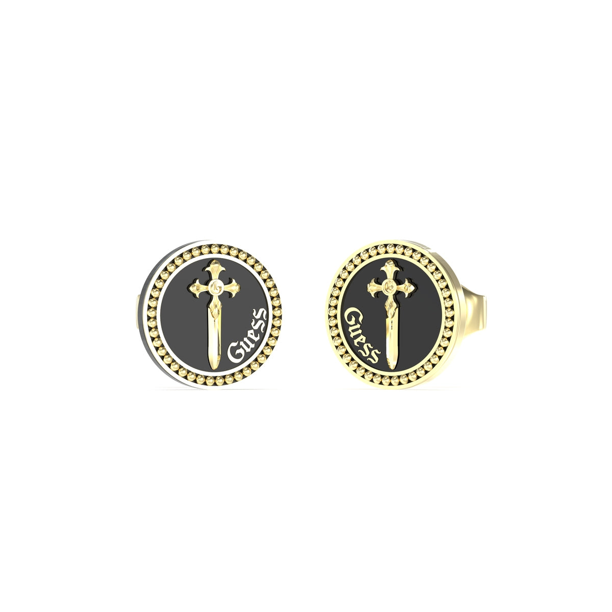 GUESS JEWELS JEWELRY Mod. JUME04021JWYGBKT-U gold and black round earrings with cross and Guess logo