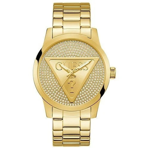 Alt Tag: GUESS Mod. BADGE gold watch with signature logo design and diamond accents.