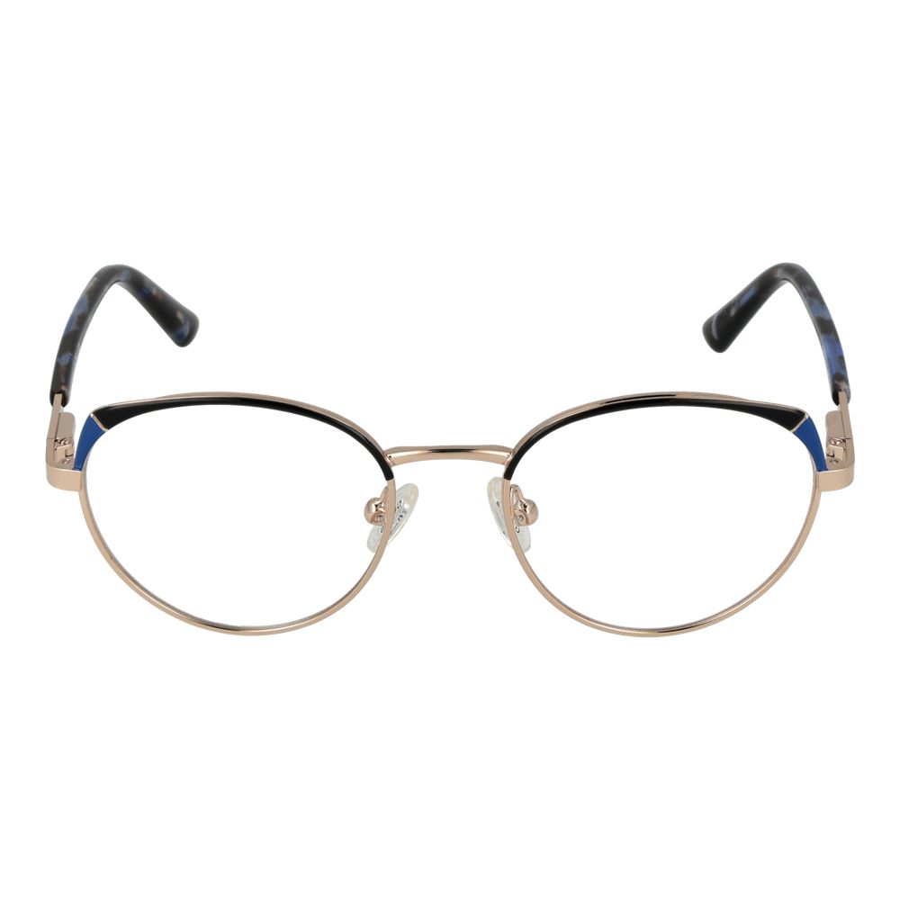 Guess Gold Metal Glasses (Frames) for women, full-rim round style with gold metal frame and demo lenses, spring hinge for comfort.