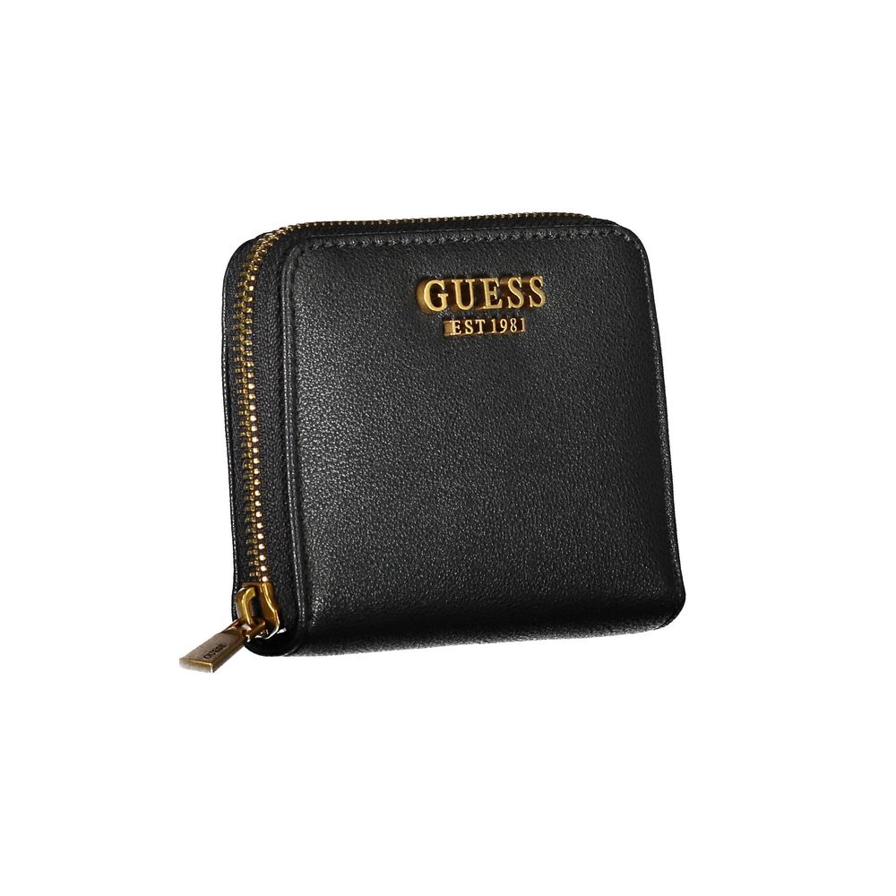 Guess Jeans Black Polyethylene Wallet with zip closure, coin purse, double card spaces, and logo.