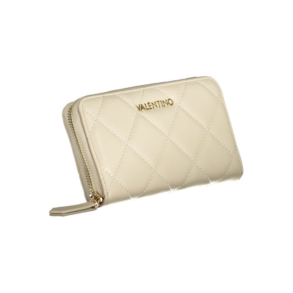 Mario Valentino Beige Polyethylene Wallet with contrasting details and zip closure, featuring six compartments and card spaces.