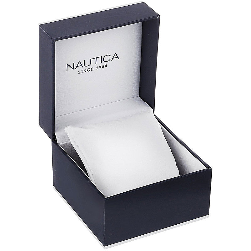 NAUTICA Mod. NAPSHG002 official packaging box for men's quartz watch with mineral dial, 10 ATM water resistance, 44 mm case size.