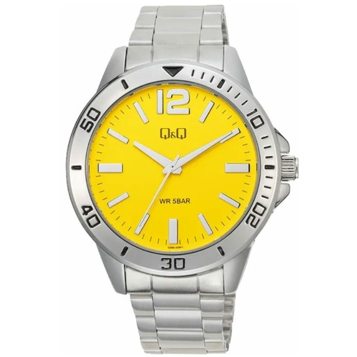 Q&Q Mod. GENT DIVER ONLY TIME wristwatch with yellow dial, 44mm metal case, metal strap, water resistant 5 ATM, quartz movement.