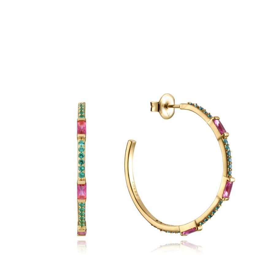 Gold hoop earrings with pink and teal gemstones, featuring elegant design for ladies. VICEROY JEWELS Mod. 13173E100-39.