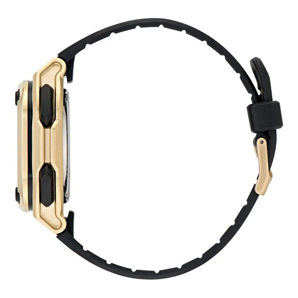 Side view of Adidas Black Synthetic Watch with golden stainless steel case and black silicone bracelet.