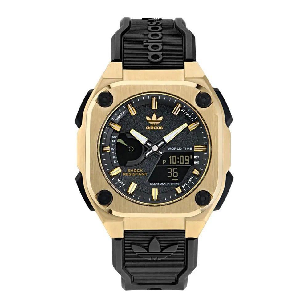 Adidas black synthetic watch with golden stainless steel case, black silicone bracelet, analog/digital display, world time feature, quartz mechanism.