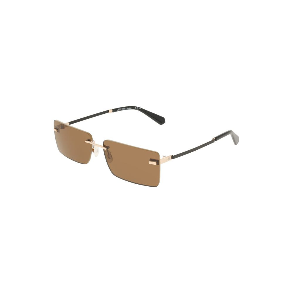 Calvin Klein beige metal women sunglasses with brown rectangular lenses and minimalist design.
