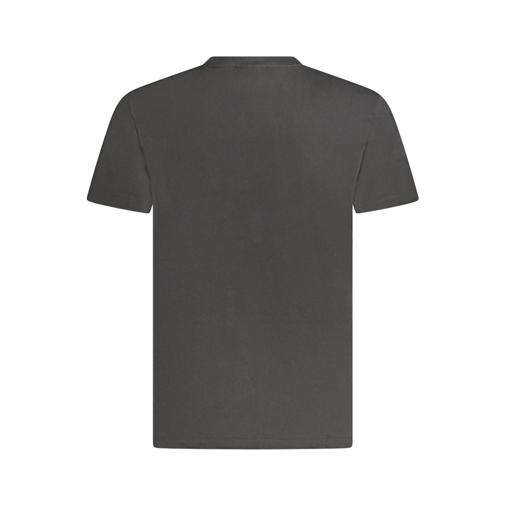 Back view of a Calvin Klein black cotton T-shirt featuring a crew neck, short sleeves, and logo embroidery.