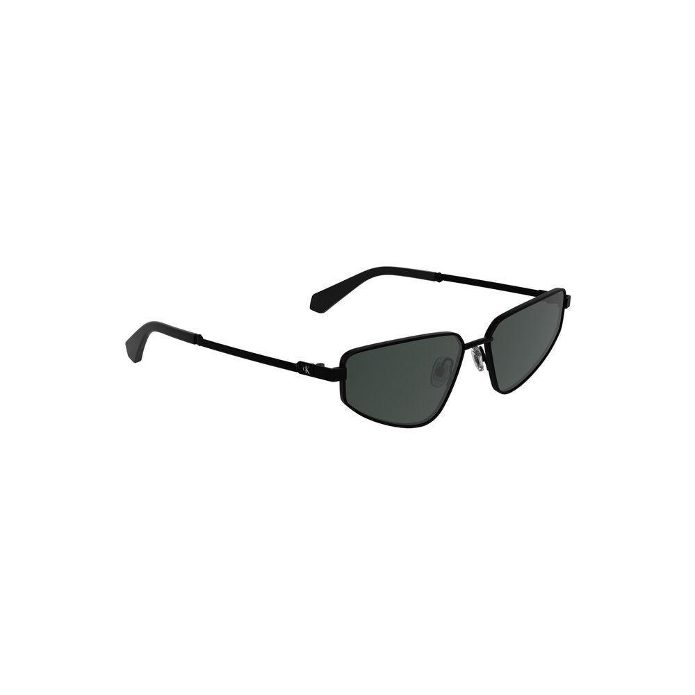 Calvin Klein black metal women sunglasses with sleek rectangular smoke-tinted lenses and bold frame, featuring a distinctive logo.