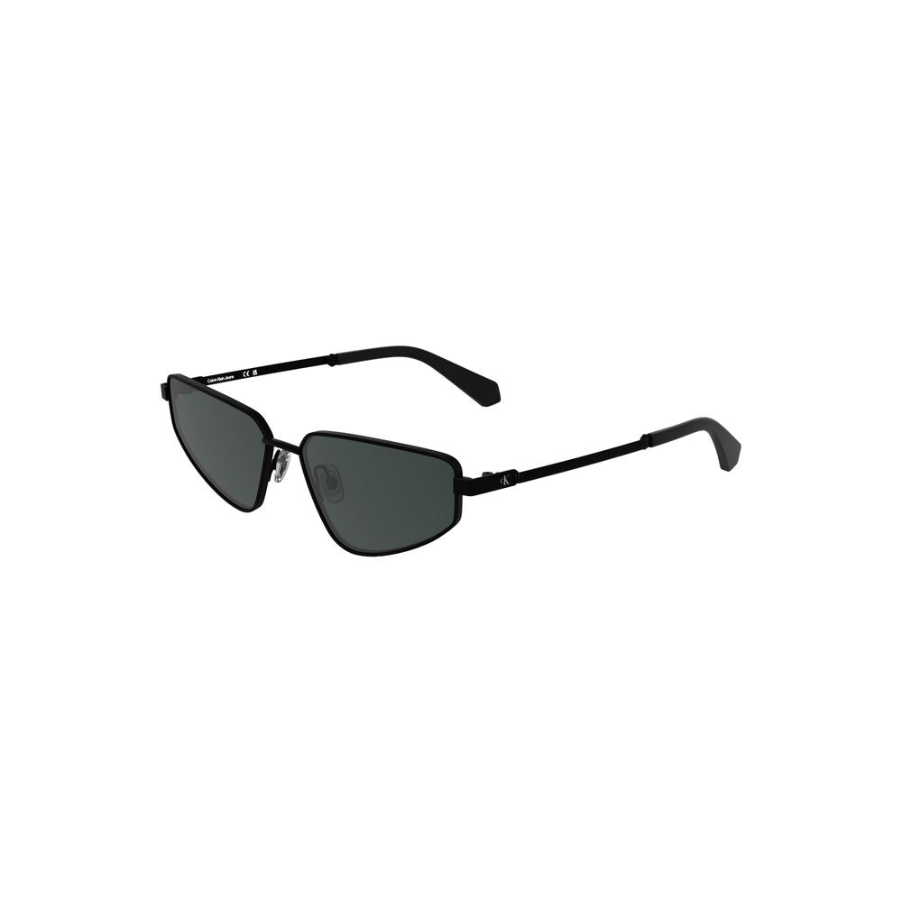 Calvin Klein black metal women sunglasses with sleek rectangular smoke-tint lenses and bold design, featuring brand logo accents.
