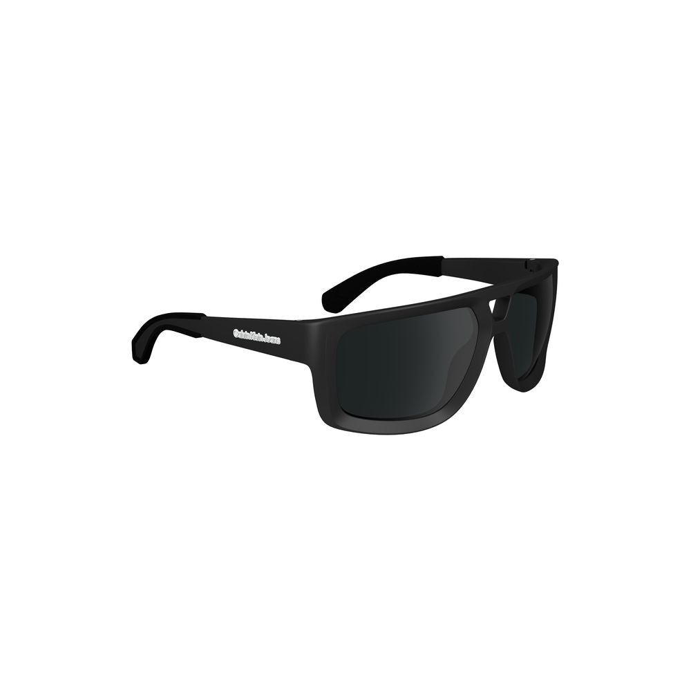 Calvin Klein black plastic sunglasses with square lenses, contrast details, and logo. Lens width 60mm, bridge width 14mm, temple length 130mm.