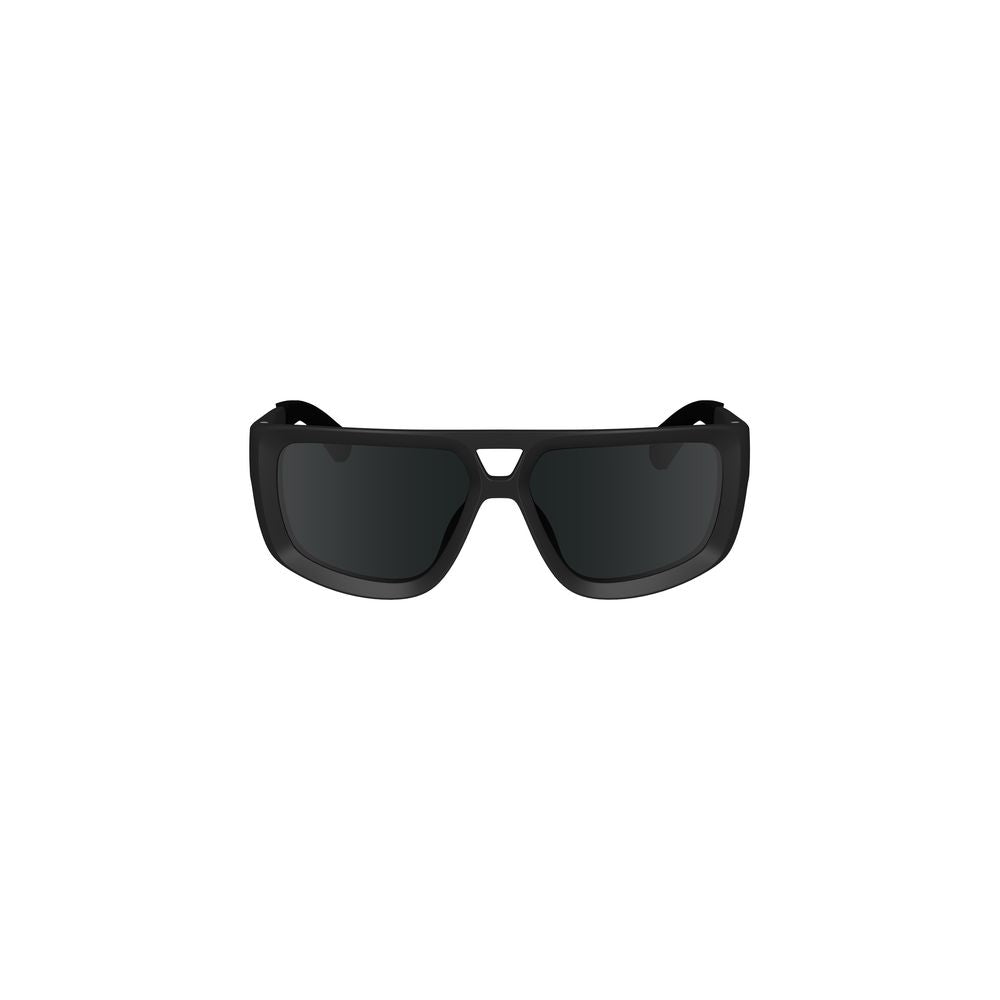 Calvin Klein black plastic sunglasses with square lenses, contrast details, 60mm lens width, 14mm bridge, 130mm temples, logo accent.