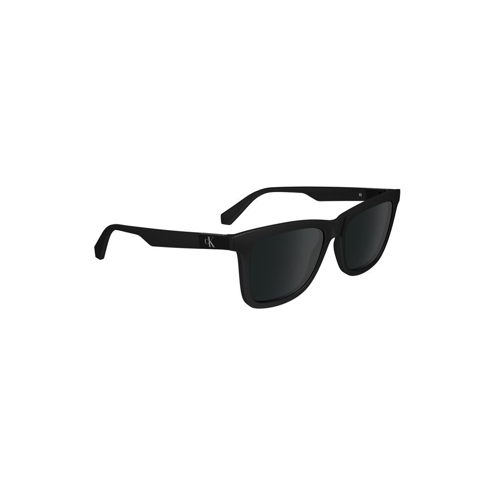 Calvin Klein black plastic sunglasses with square lenses, 54mm lens width, 17mm bridge width, and 140mm temple length.