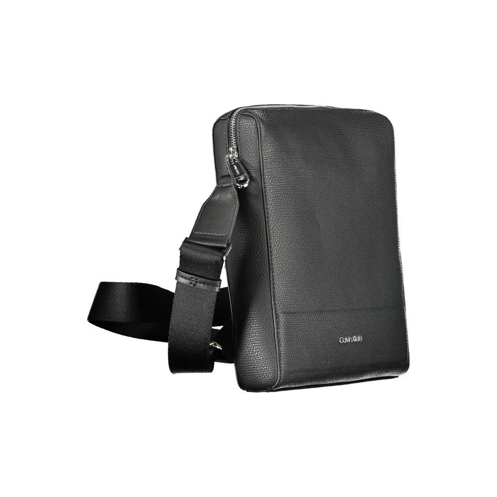 Calvin Klein black polyester men's shoulder bag with adjustable strap and logo, ideal for conscious luxury and practicality.
