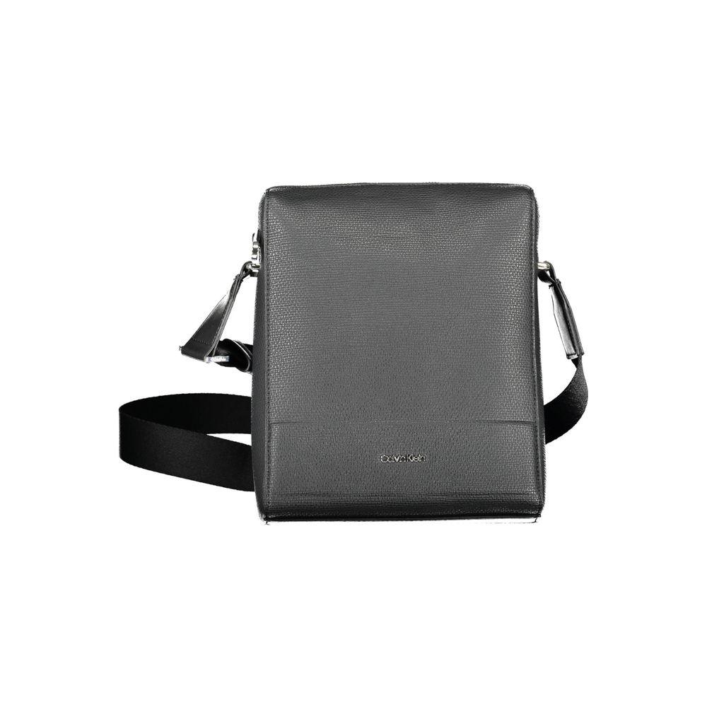 Calvin Klein black polyester men's shoulder bag with adjustable strap and logo, designed for practical style and eco-conscious luxury.