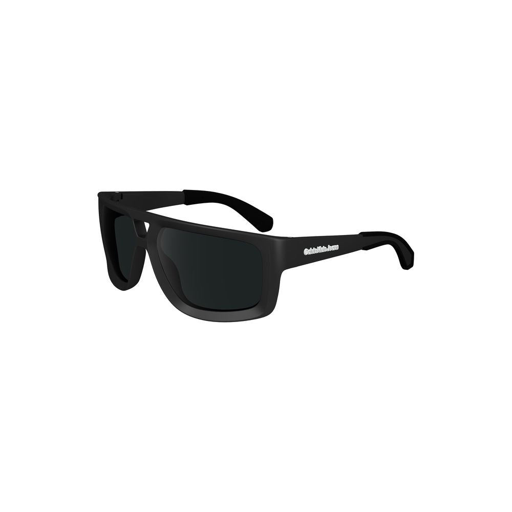 Calvin Klein black sunglasses with square lenses, contrast details, and logo. Lens: 60mm, Bridge: 14mm, Temple: 130mm. Stylish plastic frame.