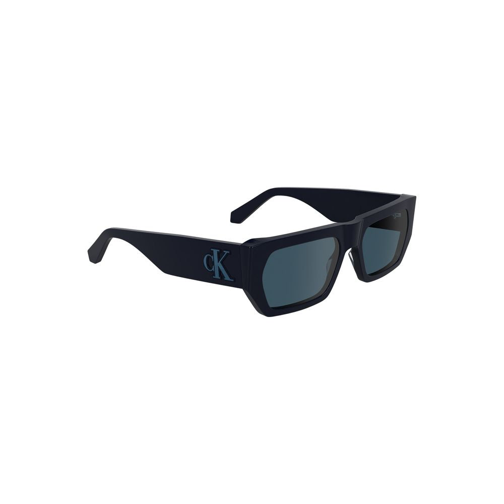 Calvin Klein blue acetate women's sunglasses with rectangular frames and logo detail, featuring blue lenses.