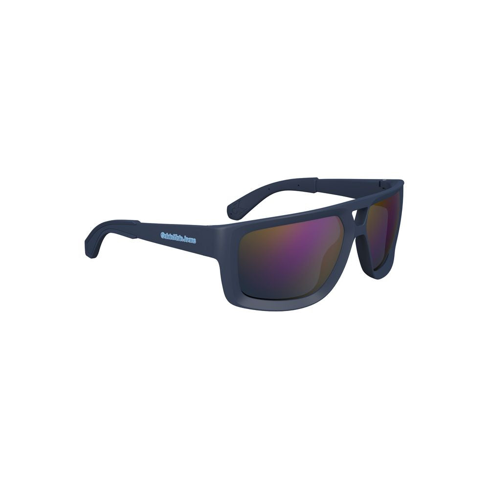 Calvin Klein blue plastic men's sunglasses with square lenses and contrast details, side view showing sleek design for modern style.