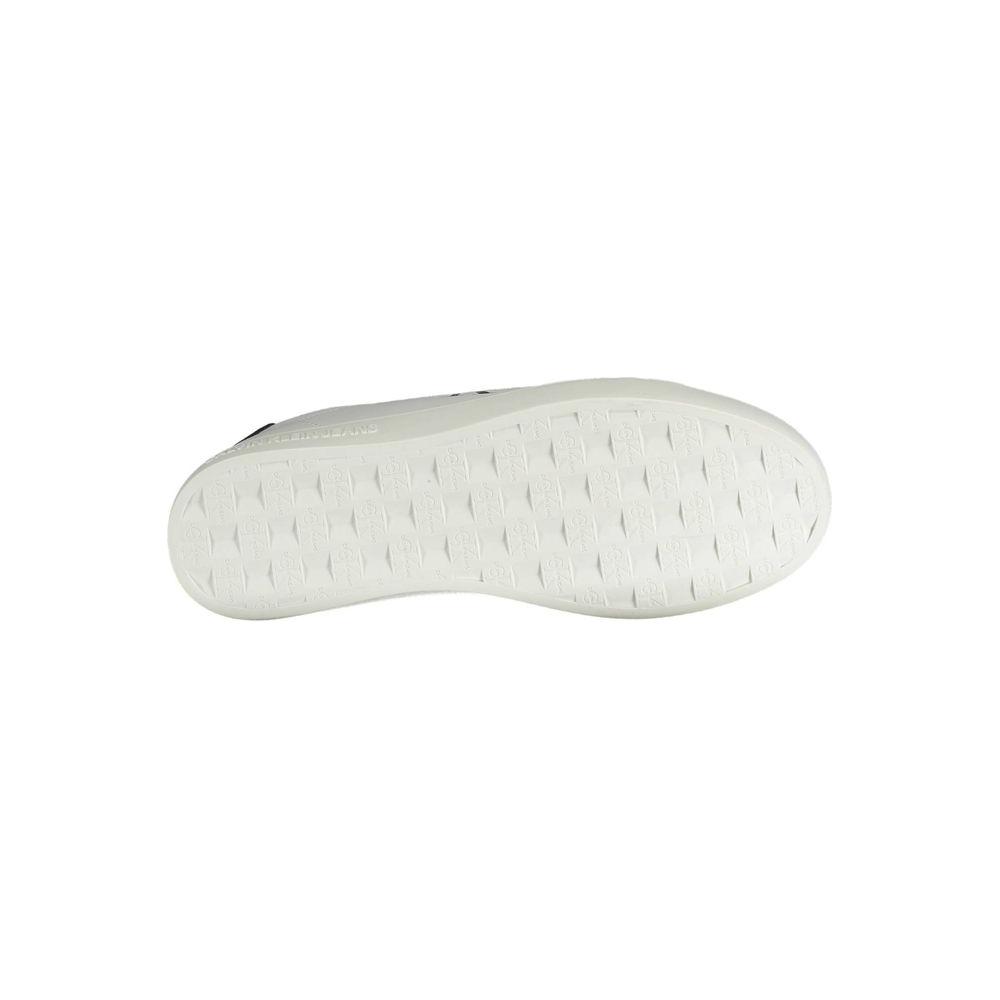 Sole of Calvin Klein white recycled polyester men's sneaker, showcasing durable tread pattern for optimal grip and eco-friendly design.