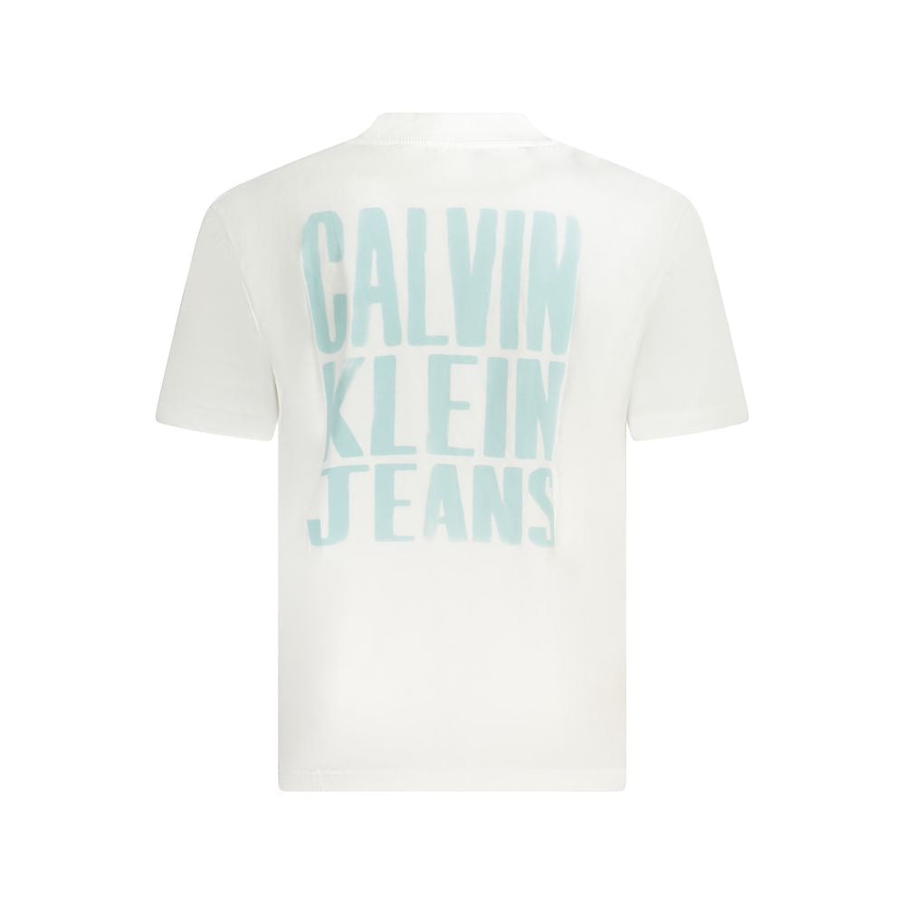 Back view of Calvin Klein white cotton T-shirt featuring short sleeves, crew neck, and blue logo print, made of regenerative cotton.