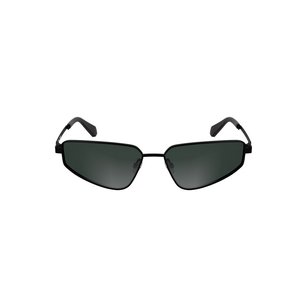 Calvin Klein black metal women's sunglasses with bold rectangular smoke tint lenses, featuring a sleek design and Calvin Klein logo.