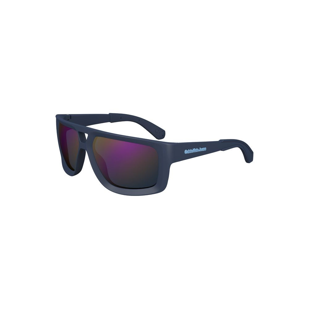 Calvin Klein blue plastic men's sunglasses with square lenses and contrast details, featuring a sleek contemporary design.