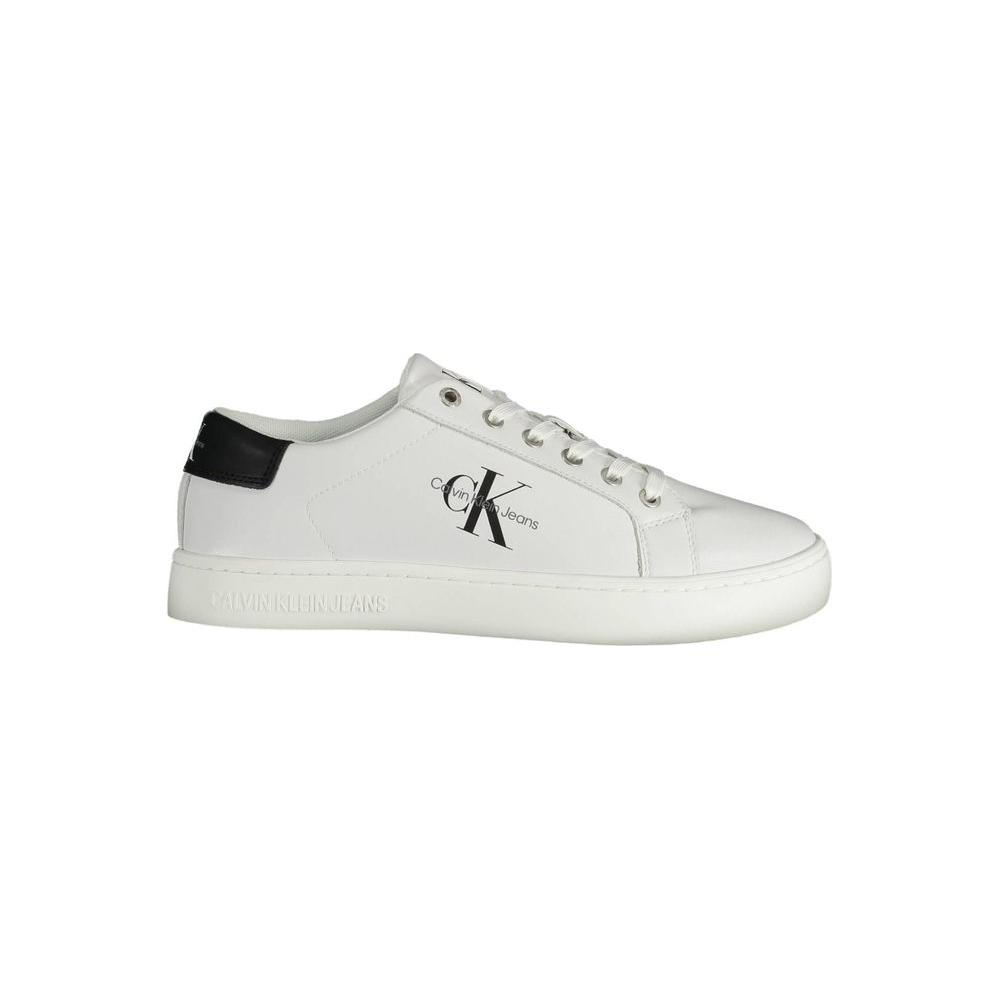 Calvin Klein white recycled polyester men's sneaker with logo, featuring black contrasting details. Eco-friendly and stylish lace-up shoe.
