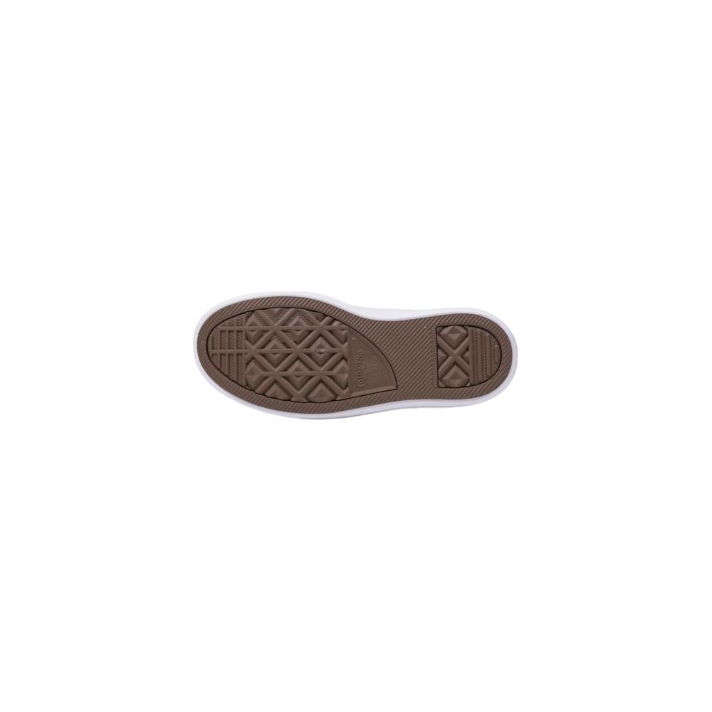 Sole view of Converse white fabric sneaker showcasing tread pattern, women's footwear, 100% fabric composition.