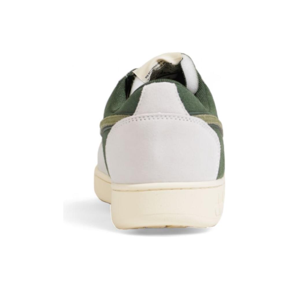 Back view of Diadora green leather sneaker with white accents and rubber sole, highlighting the elegant design and secure grip features.