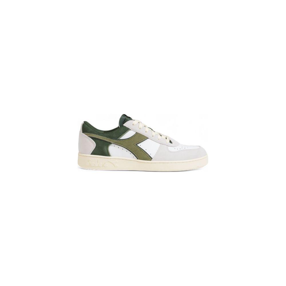 Diadora MAGIC BASKET LOW green leather sneaker with suede details, featuring a breathable design and rubber sole for casual-chic style.