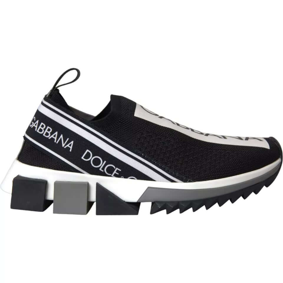 Dolce & Gabbana Sorrento black and white slip-on sneakers with logo print and rubber sole, luxury sock shoes.