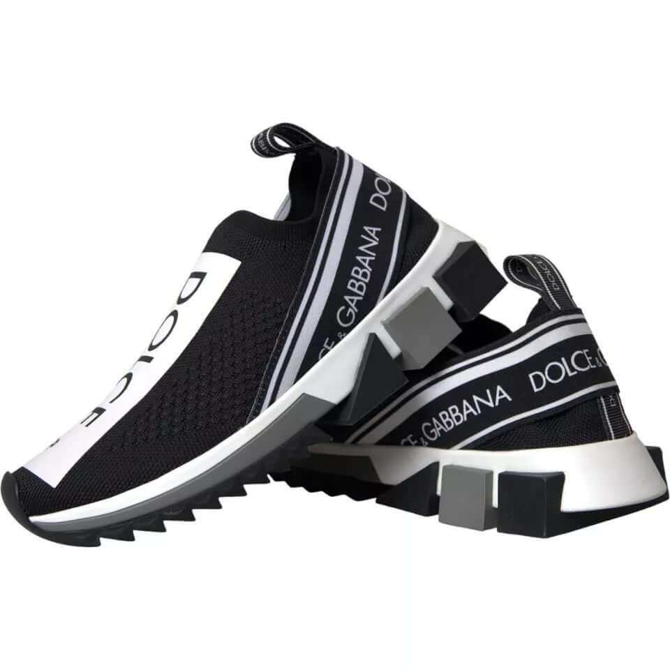 Dolce & Gabbana Sorrento Black White Slip-On Sneakers with logo print, sock design, and black decorative rubber sole.