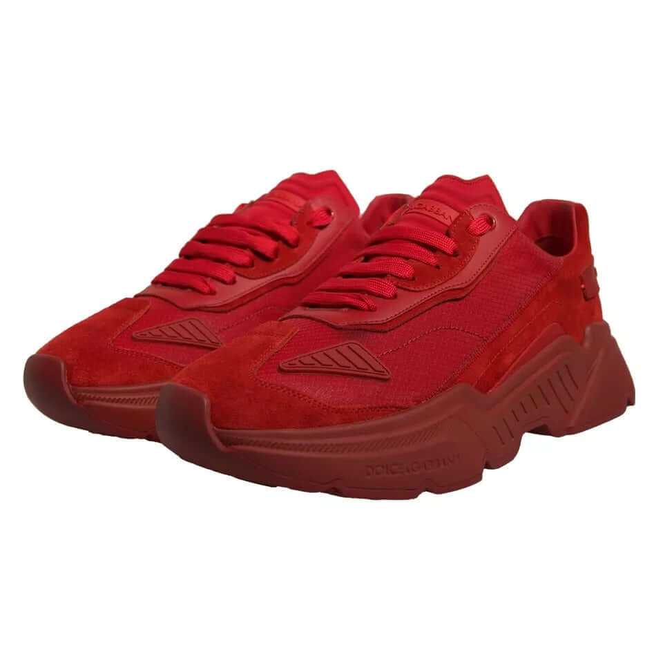 Dolce & Gabbana Red Leather Daymaster Low Top Sneakers with rubber sole and logo detail, showcasing high craftsmanship and Italian design.