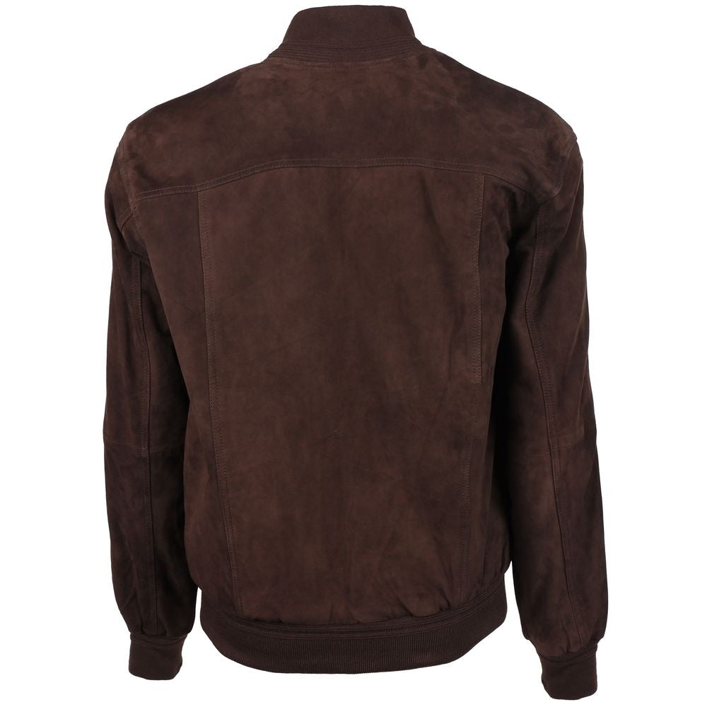 Back view of Emilio Romanelli brown calfskin suede bomber jacket with ribbed cuffs and hem.