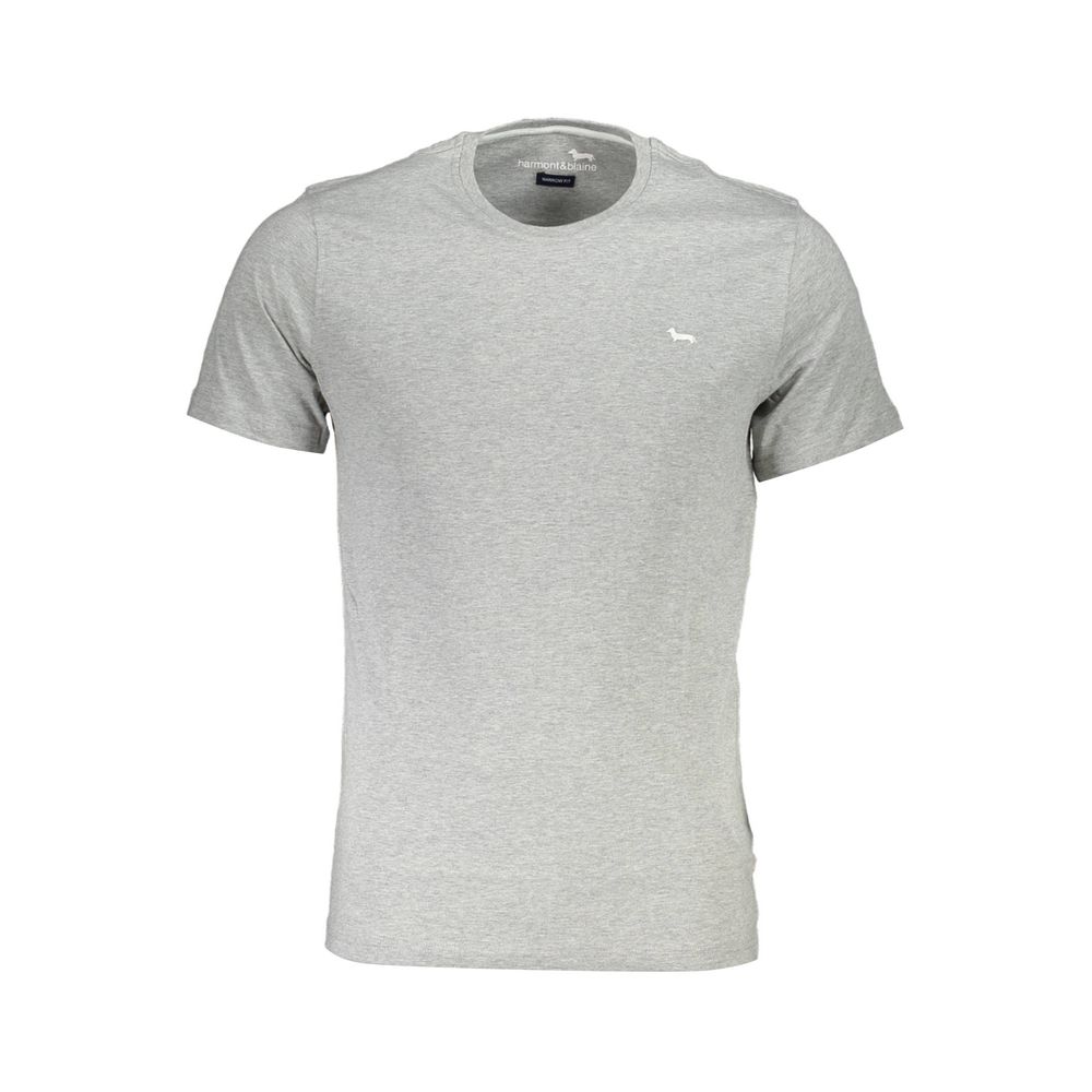 Harmont & Blaine gray cotton men's T-shirt with short sleeves and embroidered logo, showcasing a modern narrow fit and classic crew neck.