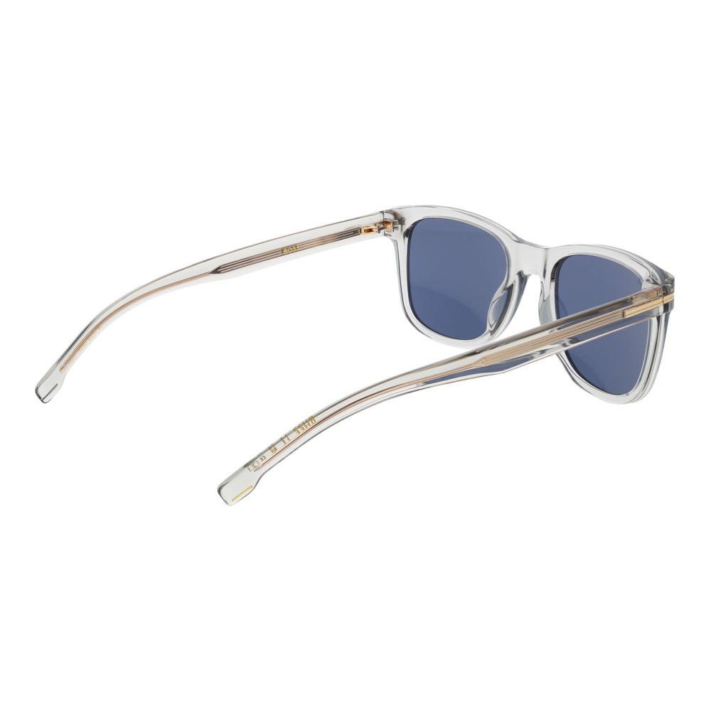 Hugo Boss gray men's sunglasses with eco acetate full-rim frame, blue lenses, square style, showcasing clear side view.
