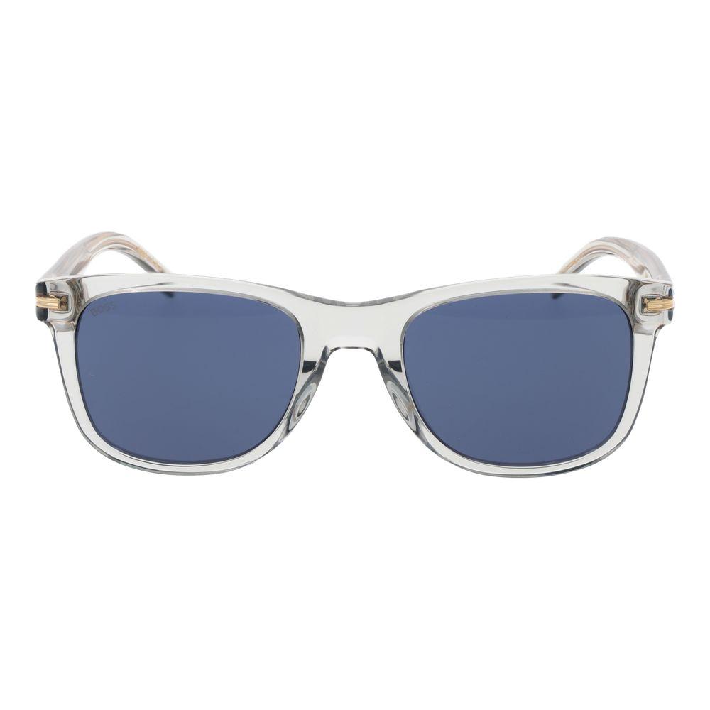 Hugo Boss gray men's sunglasses, full-rim eco acetate frame, blue lenses, 100% UVA & UVB protection, square style, filter category 3.