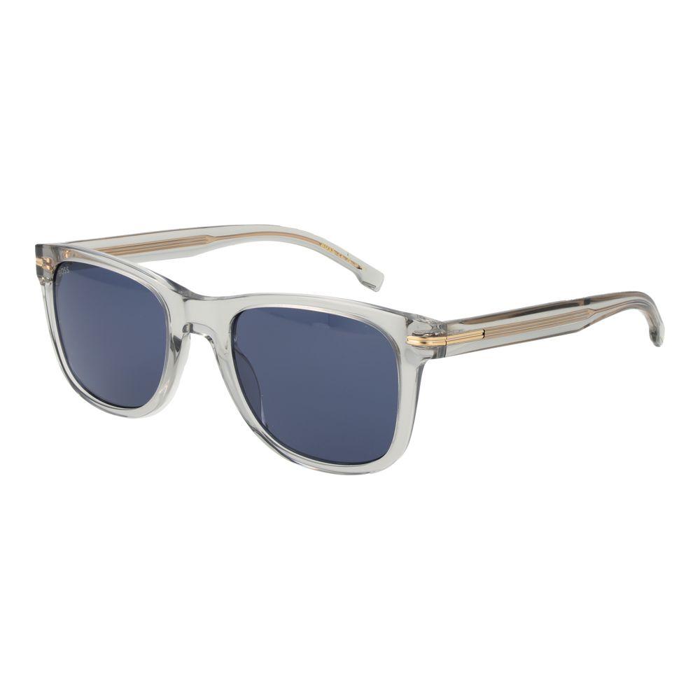 Hugo Boss gray men's sunglasses with blue lenses, eco acetate full-rim square frame, 100% UVA & UVB protection, includes branded case.