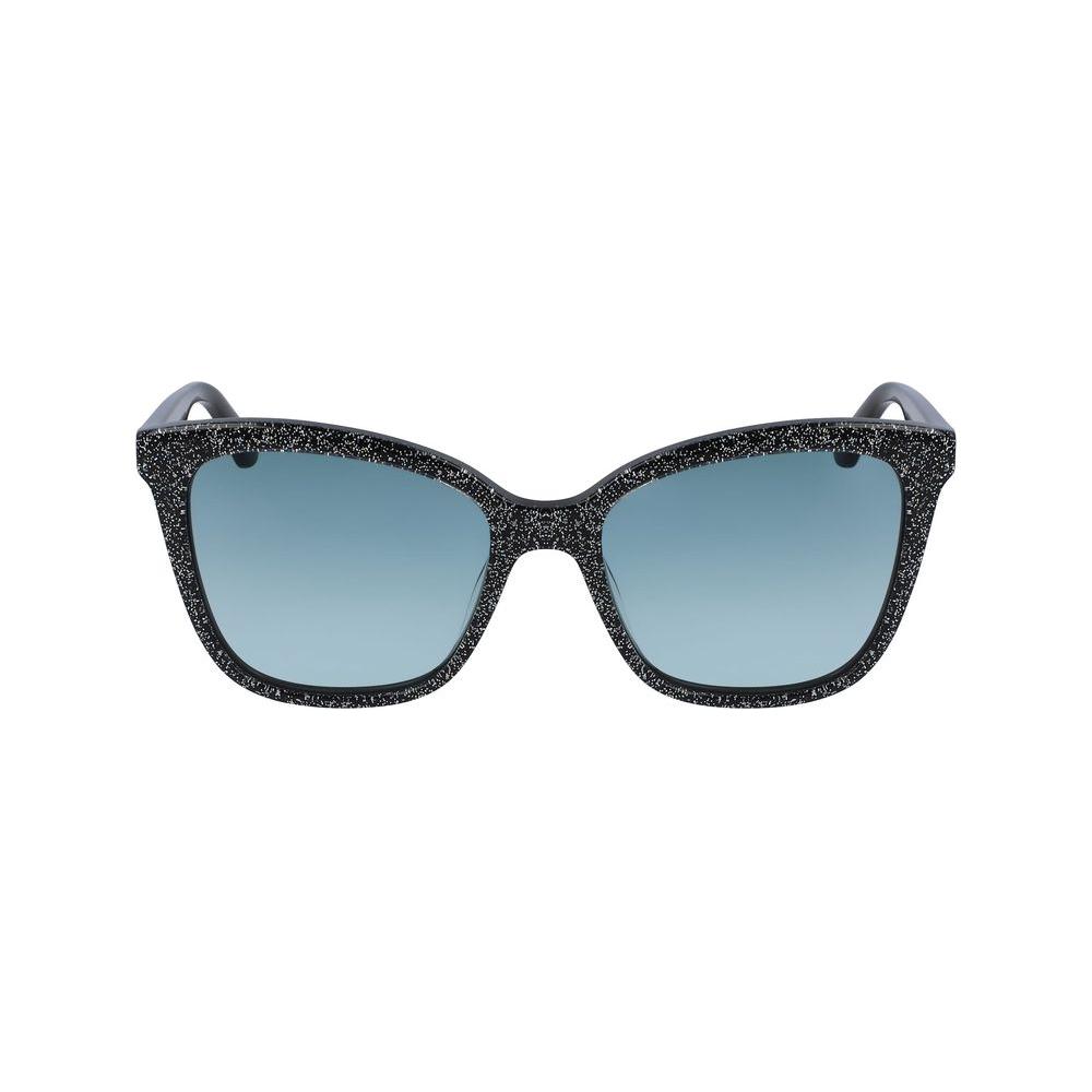 Karl Lagerfeld black acetate sunglasses with blue lenses, style KL988S-002. Elegant women's eyewear, lens/bridge/temple 54/18/140 mm.