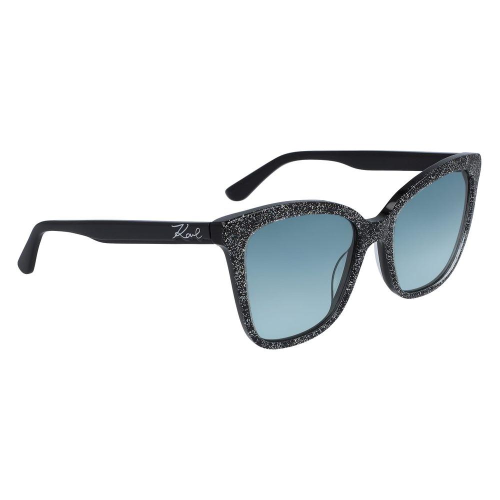 Karl Lagerfeld black acetate women's sunglasses with blue lenses, model KL988S-002, featuring 54/18/140 mm dimensions.
