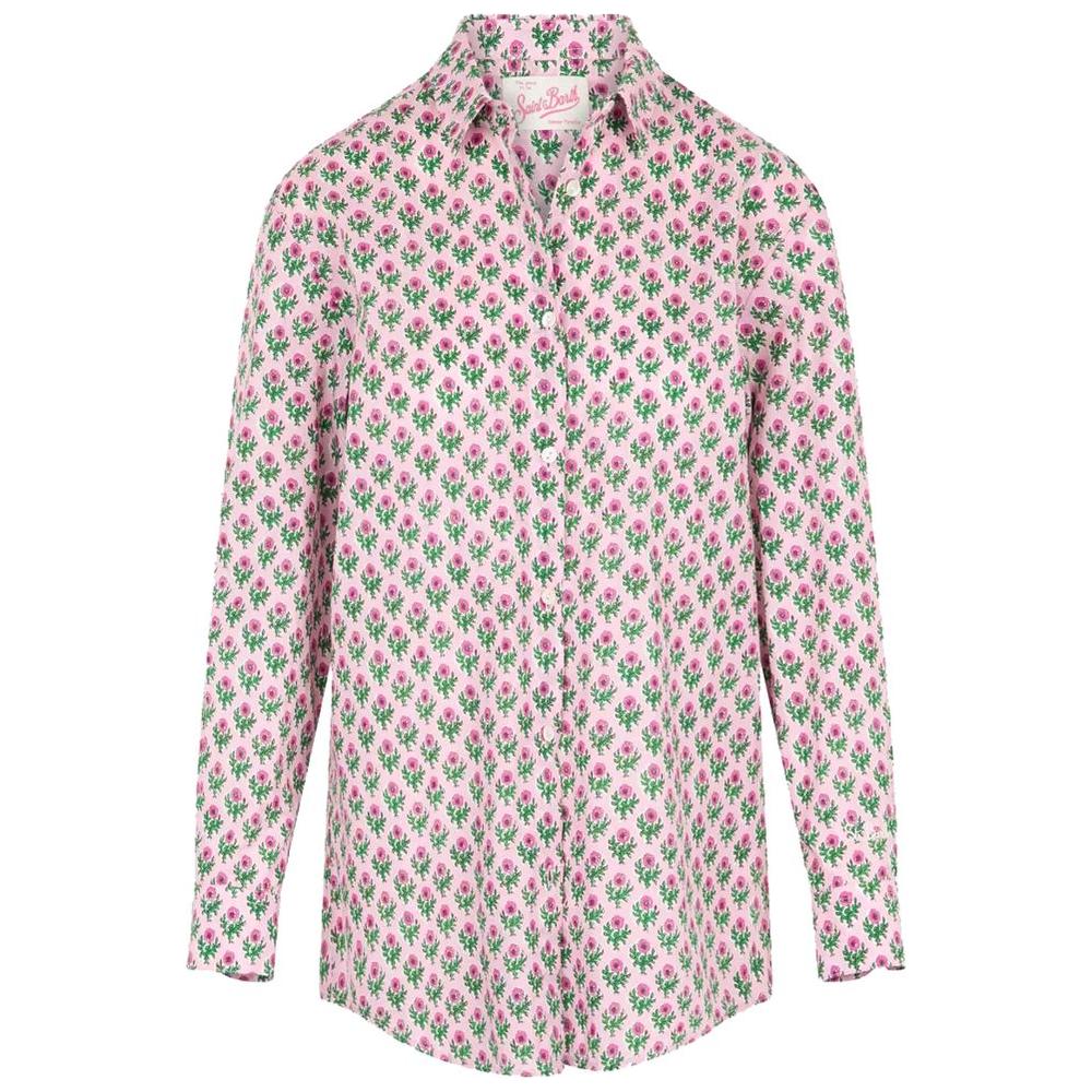 MC2 Saint Barth pink cotton shirt with floral print, mother-of-pearl buttons, long sleeves, and buttoned cuffs.